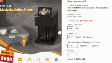 EVEBOT full color coffee printer with edible ink creating latte art and dessert designs for café and event branding