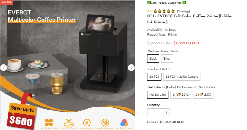 EVEBOT full color coffee printer with edible ink creating latte art and dessert designs for café and event branding