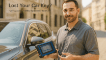 Ein Kfz-Schlüsseldienst-Techniker steht neben einem Auto und hält ein Programmiergerät sowie einen Autoschlüssel in der Hand. Er bietet Dienstleistungen wie Autoschlüssel-Programmierung und Schlüsselersatz an.