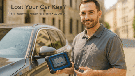 Ein Kfz-Schlüsseldienst-Techniker steht neben einem Auto und hält ein Programmiergerät sowie einen Autoschlüssel in der Hand. Er bietet Dienstleistungen wie Autoschlüssel-Programmierung und Schlüsselersatz an.