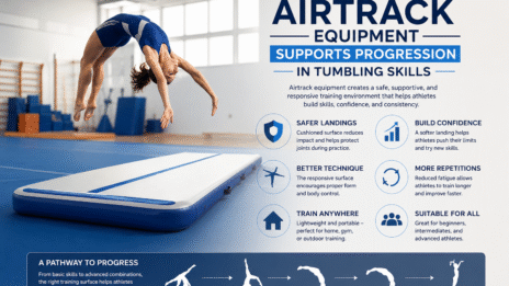 Gymnast performing a back handspring above an inflatable airtrack mat in a gymnastics training facility.