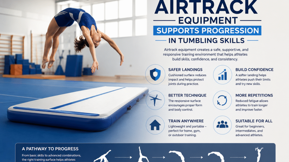 Gymnast performing a back handspring above an inflatable airtrack mat in a gymnastics training facility.